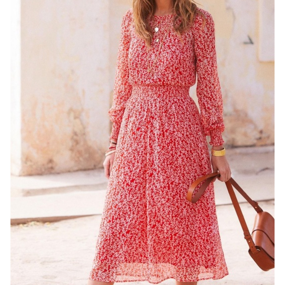 Sezane Robe Julia Fleurs Rouge Long Sleeve Midi Dress Size 6